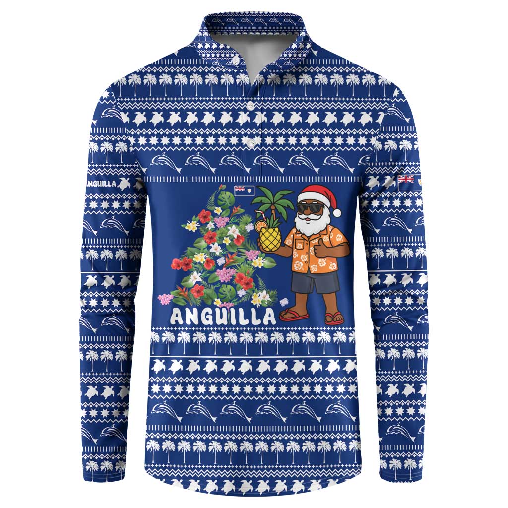 Anguilla Christmas Button Sweatshirt with Santa Pineapple Floral Tree Island Crest and Tropical Pattern Design - Wonder Print Shop