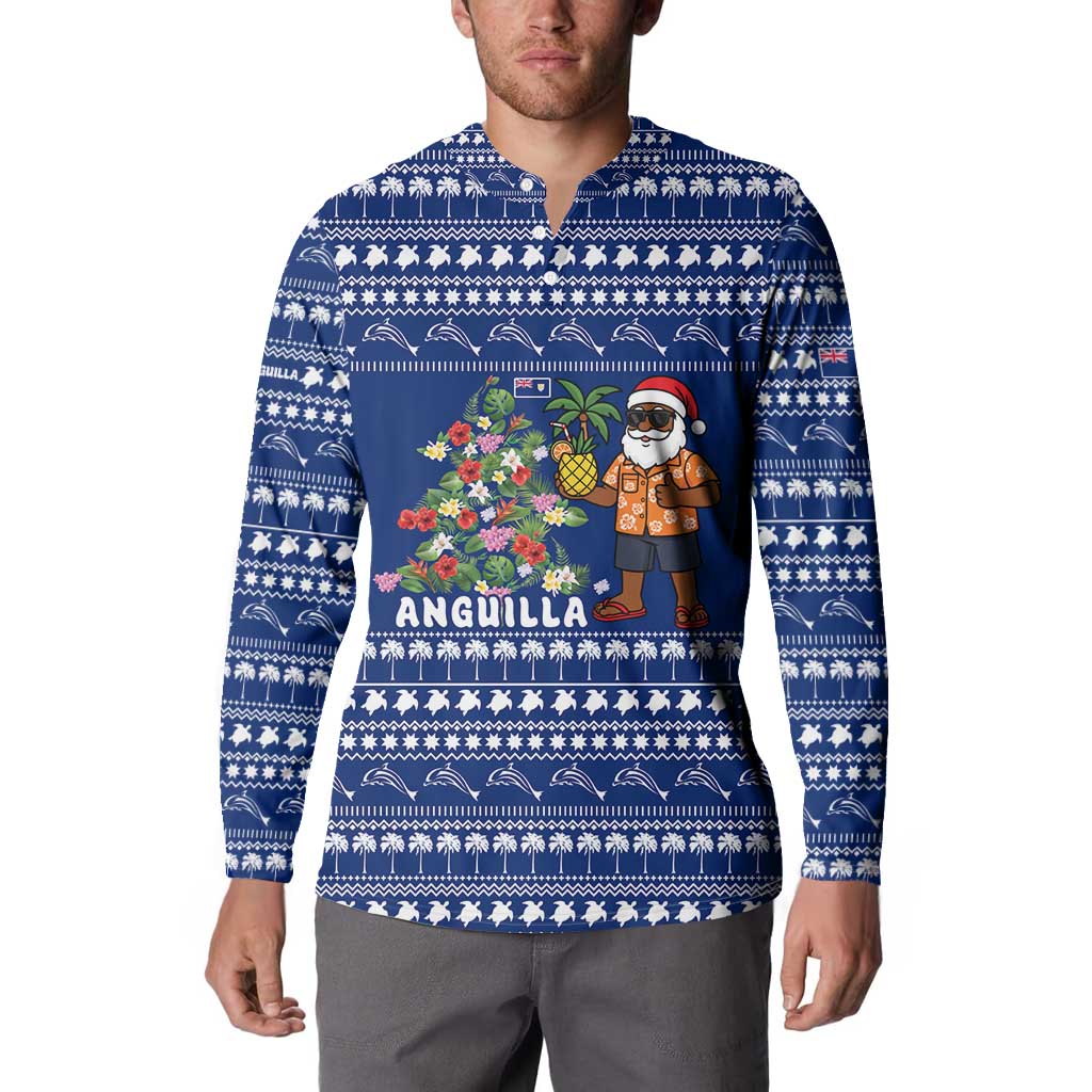 Anguilla Christmas Button Sweatshirt with Santa Pineapple Floral Tree Island Crest and Tropical Pattern Design - Wonder Print Shop