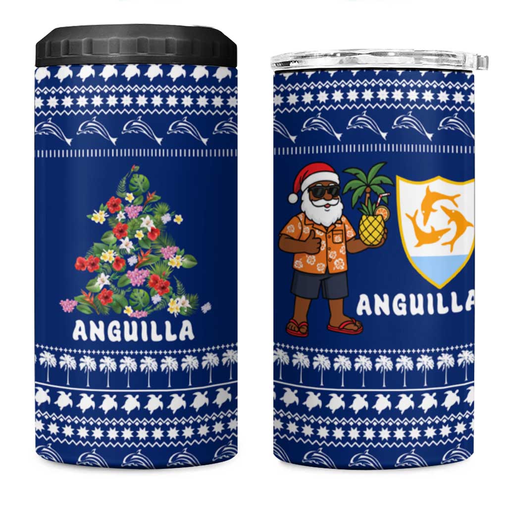 Anguilla Christmas 4 in 1 Can Cooler Tumbler with Santa Pineapple Floral Tree Island Crest and Tropical Pattern Design - Wonder Print Shop