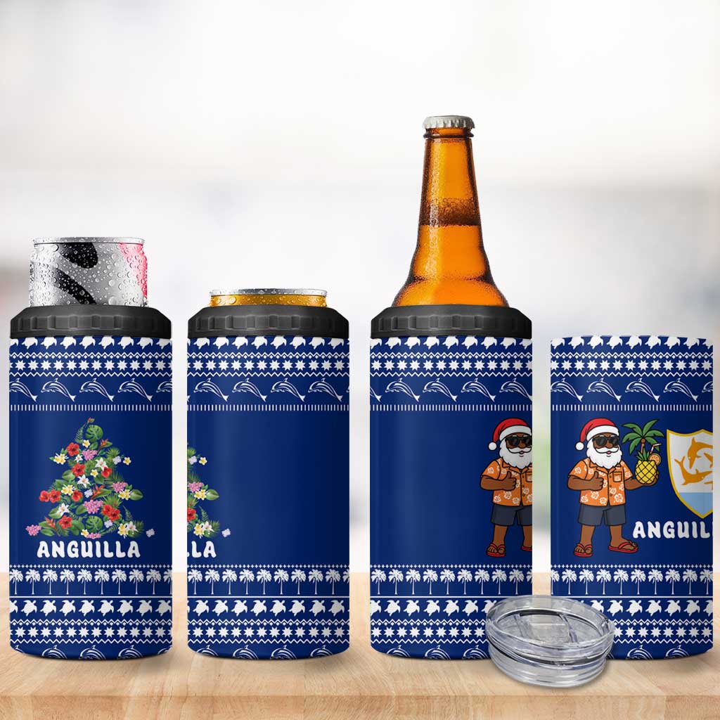 Anguilla Christmas 4 in 1 Can Cooler Tumbler with Santa Pineapple Floral Tree Island Crest and Tropical Pattern Design - Wonder Print Shop