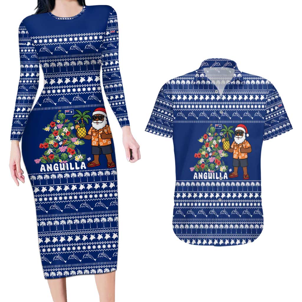 Anguilla Christmas Couples Matching Long Sleeve Bodycon Dress and Hawaiian Shirt with Santa Pineapple Floral Tree Island Crest and Tropical Pattern Design - Wonder Print Shop