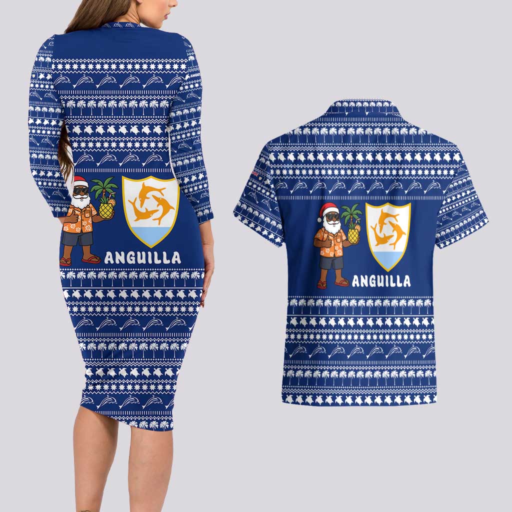Anguilla Christmas Couples Matching Long Sleeve Bodycon Dress and Hawaiian Shirt with Santa Pineapple Floral Tree Island Crest and Tropical Pattern Design - Wonder Print Shop