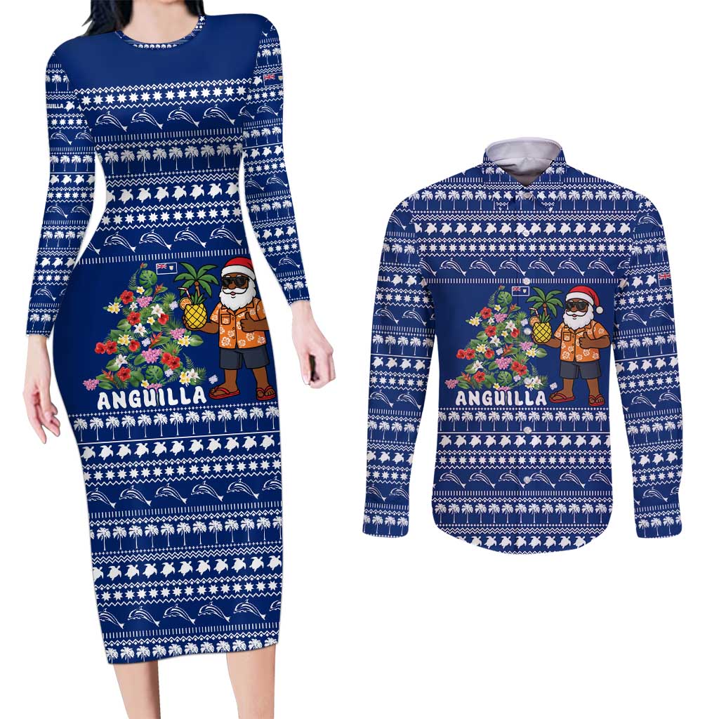 Anguilla Christmas Couples Matching Long Sleeve Bodycon Dress and Long Sleeve Button Shirt with Santa Pineapple Floral Tree Island Crest and Tropical Pattern Design - Wonder Print Shop