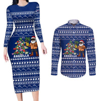 Anguilla Christmas Couples Matching Long Sleeve Bodycon Dress and Long Sleeve Button Shirt with Santa Pineapple Floral Tree Island Crest and Tropical Pattern Design - Wonder Print Shop