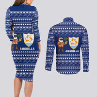Anguilla Christmas Couples Matching Long Sleeve Bodycon Dress and Long Sleeve Button Shirt with Santa Pineapple Floral Tree Island Crest and Tropical Pattern Design - Wonder Print Shop