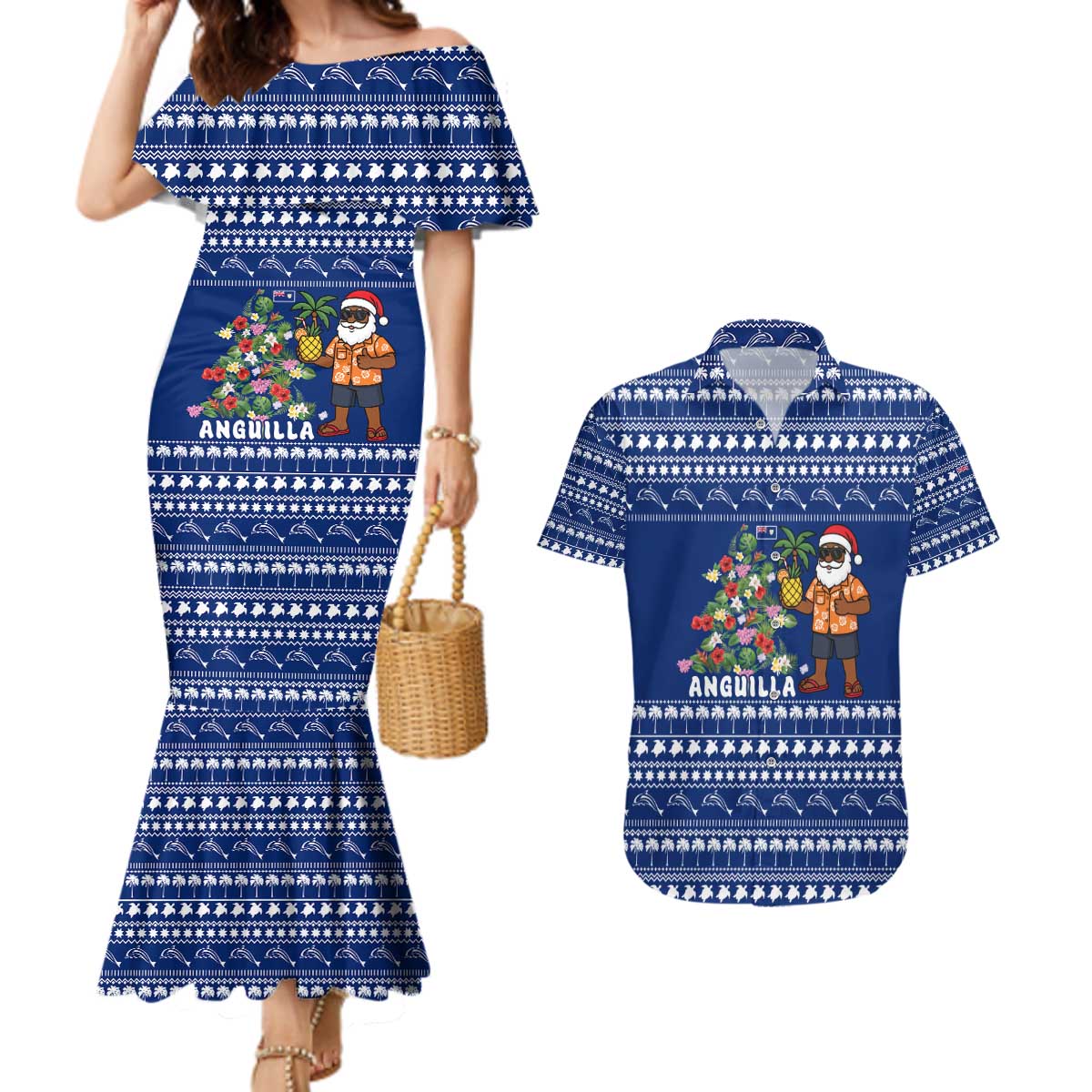 Anguilla Christmas Couples Matching Mermaid Dress and Hawaiian Shirt with Santa Pineapple Floral Tree Island Crest and Tropical Pattern Design - Wonder Print Shop
