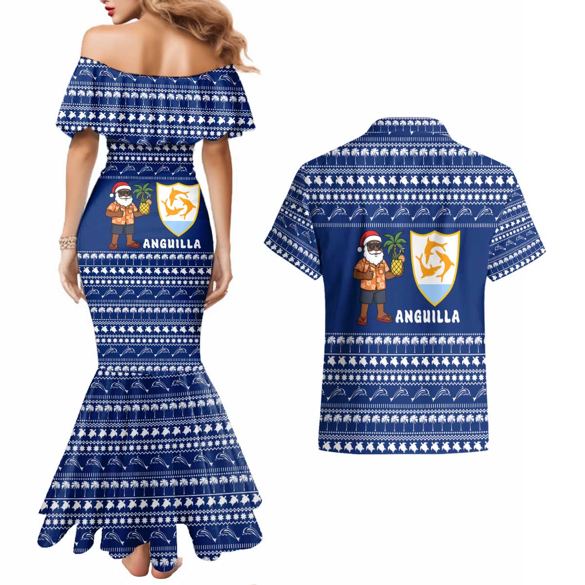 Anguilla Christmas Couples Matching Mermaid Dress and Hawaiian Shirt with Santa Pineapple Floral Tree Island Crest and Tropical Pattern Design - Wonder Print Shop