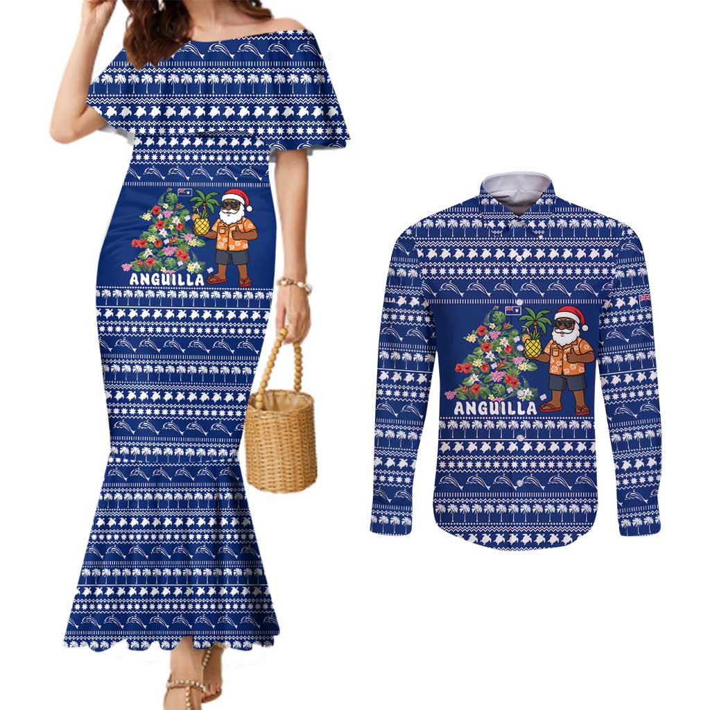 Anguilla Christmas Couples Matching Mermaid Dress and Long Sleeve Button Shirt with Santa Pineapple Floral Tree Island Crest and Tropical Pattern Design - Wonder Print Shop