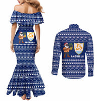 Anguilla Christmas Couples Matching Mermaid Dress and Long Sleeve Button Shirt with Santa Pineapple Floral Tree Island Crest and Tropical Pattern Design - Wonder Print Shop