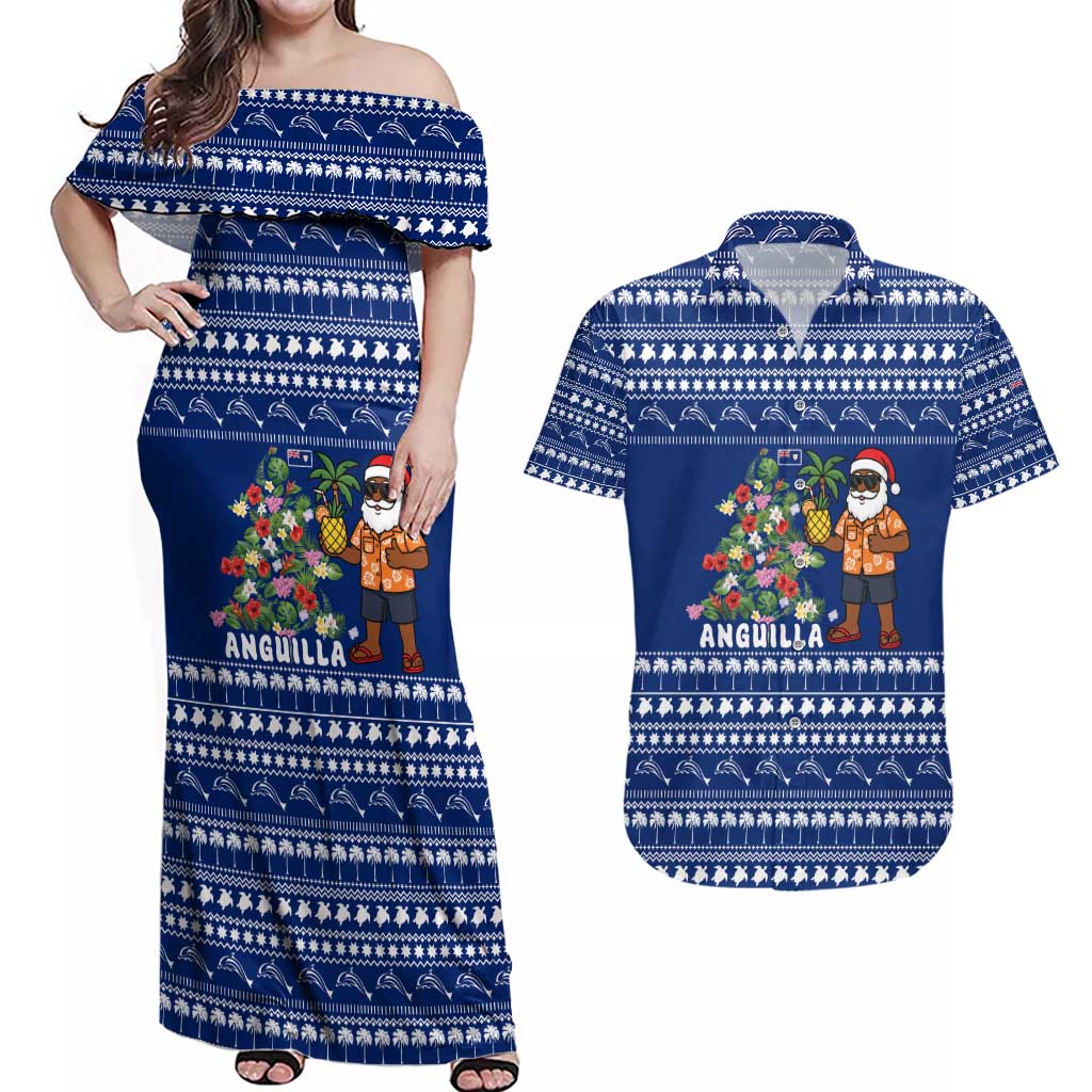 Anguilla Christmas Couples Matching Off Shoulder Maxi Dress and Hawaiian Shirt with Santa Pineapple Floral Tree Island Crest and Tropical Pattern Design - Wonder Print Shop