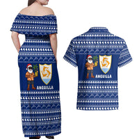 Anguilla Christmas Couples Matching Off Shoulder Maxi Dress and Hawaiian Shirt with Santa Pineapple Floral Tree Island Crest and Tropical Pattern Design - Wonder Print Shop