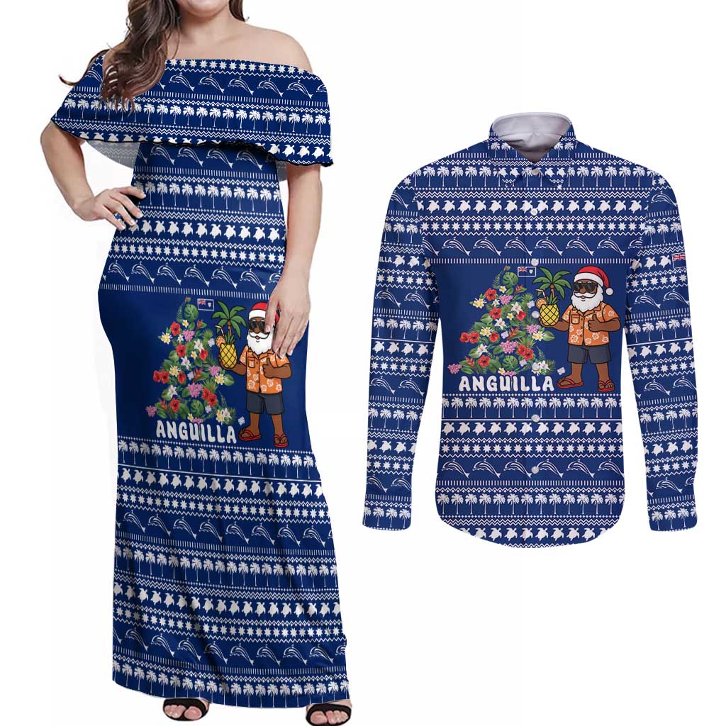 Anguilla Christmas Couples Matching Off Shoulder Maxi Dress and Long Sleeve Button Shirt with Santa Pineapple Floral Tree Island Crest and Tropical Pattern Design - Wonder Print Shop