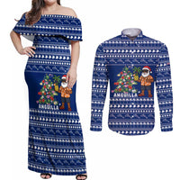 Anguilla Christmas Couples Matching Off Shoulder Maxi Dress and Long Sleeve Button Shirt with Santa Pineapple Floral Tree Island Crest and Tropical Pattern Design - Wonder Print Shop