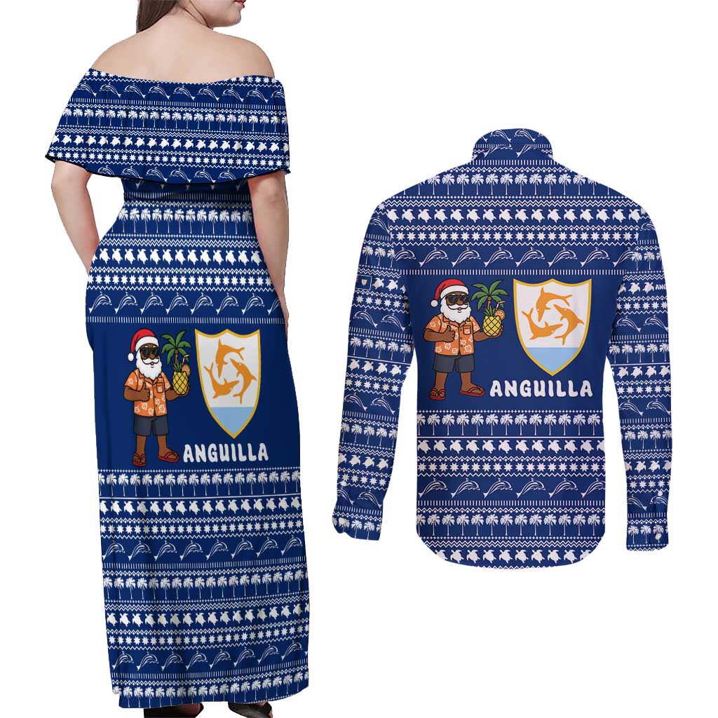 Anguilla Christmas Couples Matching Off Shoulder Maxi Dress and Long Sleeve Button Shirt with Santa Pineapple Floral Tree Island Crest and Tropical Pattern Design - Wonder Print Shop