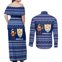 Anguilla Christmas Couples Matching Off Shoulder Maxi Dress and Long Sleeve Button Shirt with Santa Pineapple Floral Tree Island Crest and Tropical Pattern Design - Wonder Print Shop