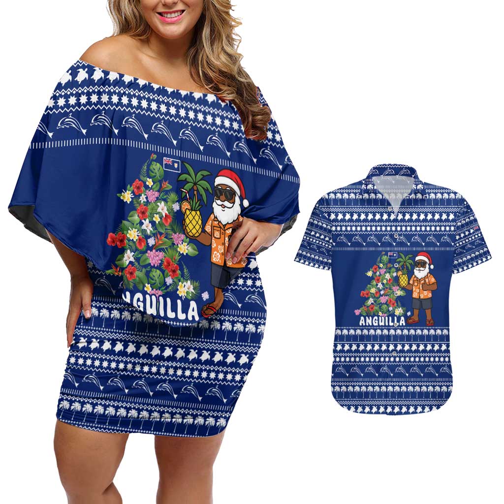 Anguilla Christmas Couples Matching Off Shoulder Short Dress and Hawaiian Shirt with Santa Pineapple Floral Tree Island Crest and Tropical Pattern Design - Wonder Print Shop