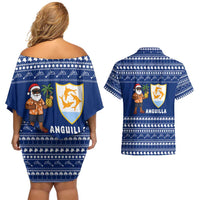 Anguilla Christmas Couples Matching Off Shoulder Short Dress and Hawaiian Shirt with Santa Pineapple Floral Tree Island Crest and Tropical Pattern Design - Wonder Print Shop