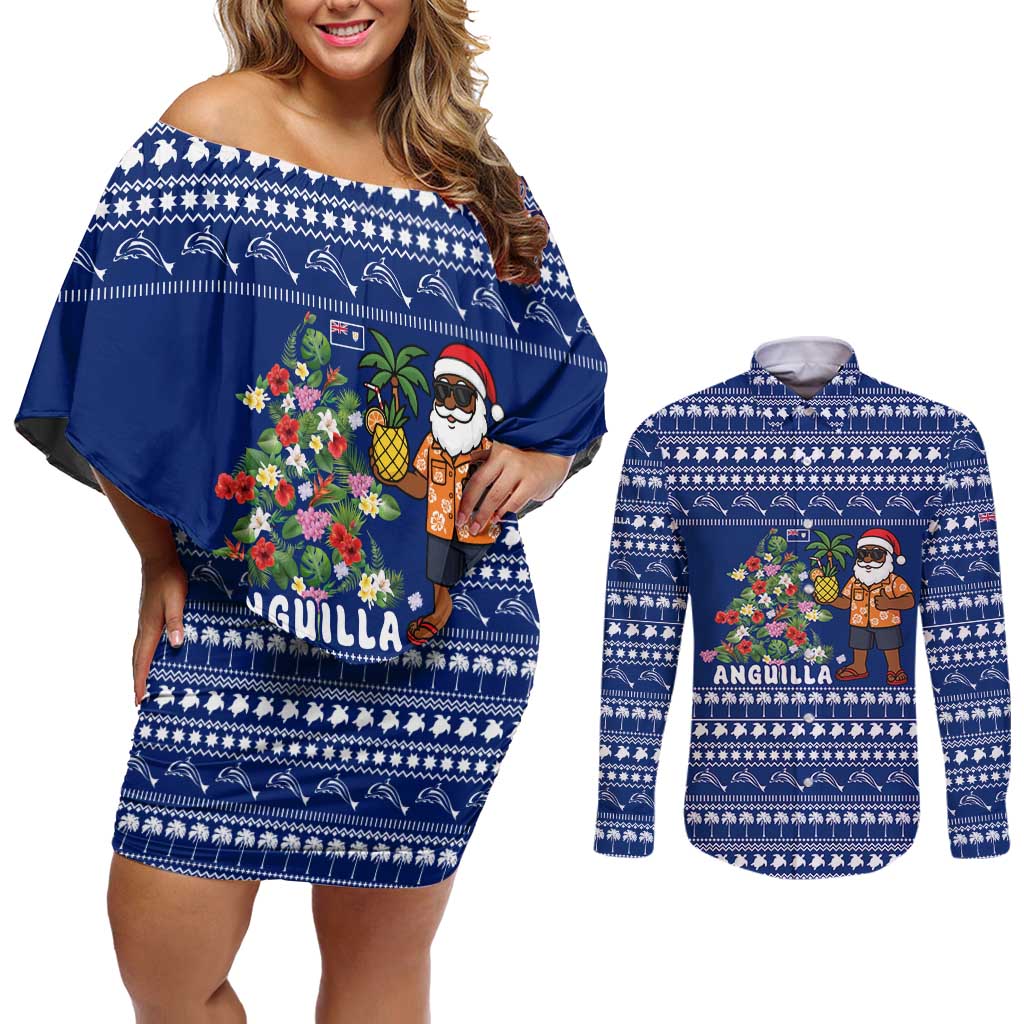 Anguilla Christmas Couples Matching Off Shoulder Short Dress and Long Sleeve Button Shirt with Santa Pineapple Floral Tree Island Crest and Tropical Pattern Design - Wonder Print Shop