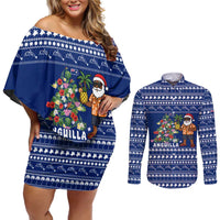 Anguilla Christmas Couples Matching Off Shoulder Short Dress and Long Sleeve Button Shirt with Santa Pineapple Floral Tree Island Crest and Tropical Pattern Design - Wonder Print Shop