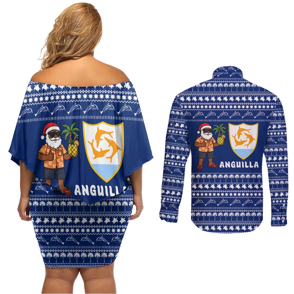 Anguilla Christmas Couples Matching Off Shoulder Short Dress and Long Sleeve Button Shirt with Santa Pineapple Floral Tree Island Crest and Tropical Pattern Design - Wonder Print Shop