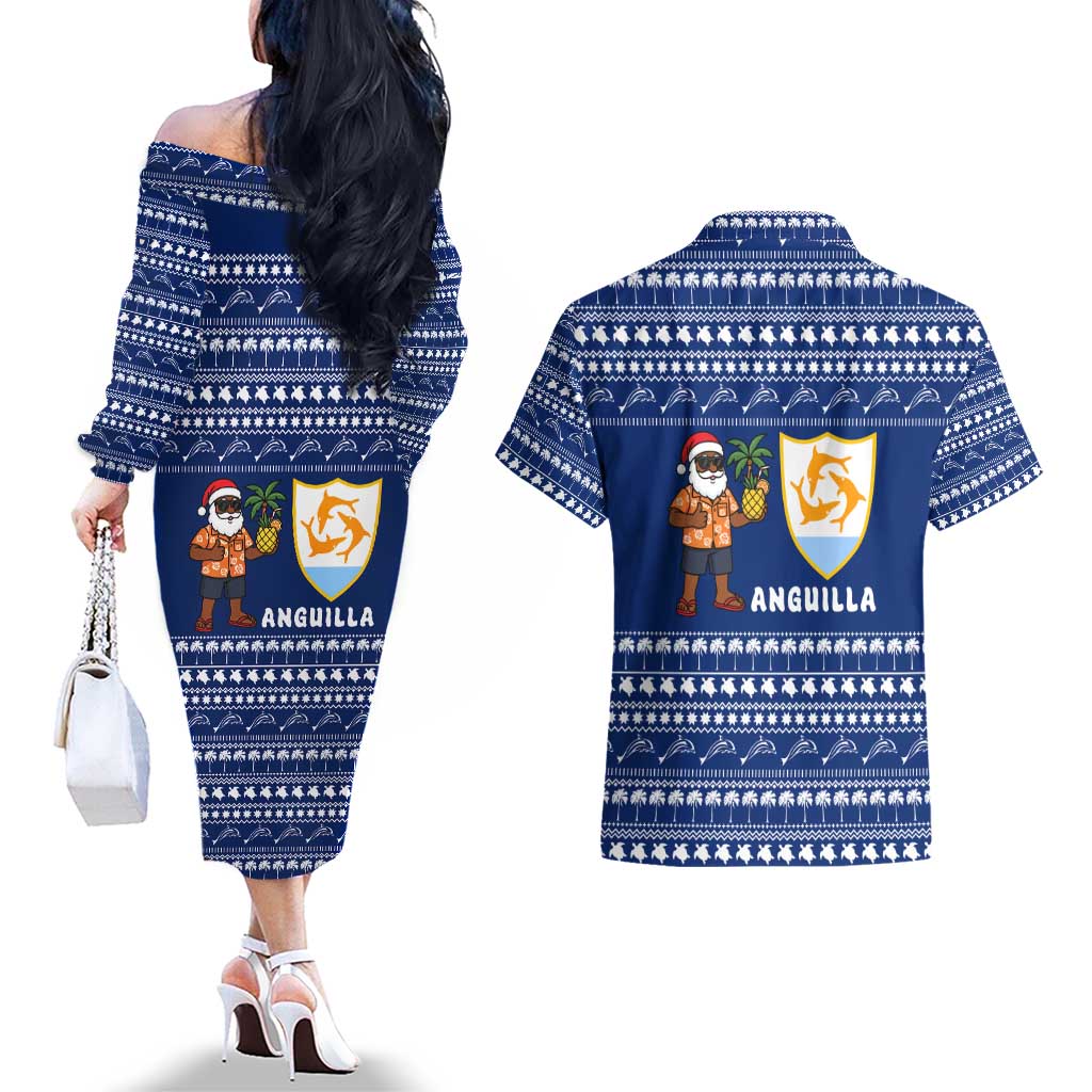 Anguilla Christmas Couples Matching Off The Shoulder Long Sleeve Dress and Hawaiian Shirt with Santa Pineapple Floral Tree Island Crest and Tropical Pattern Design - Wonder Print Shop