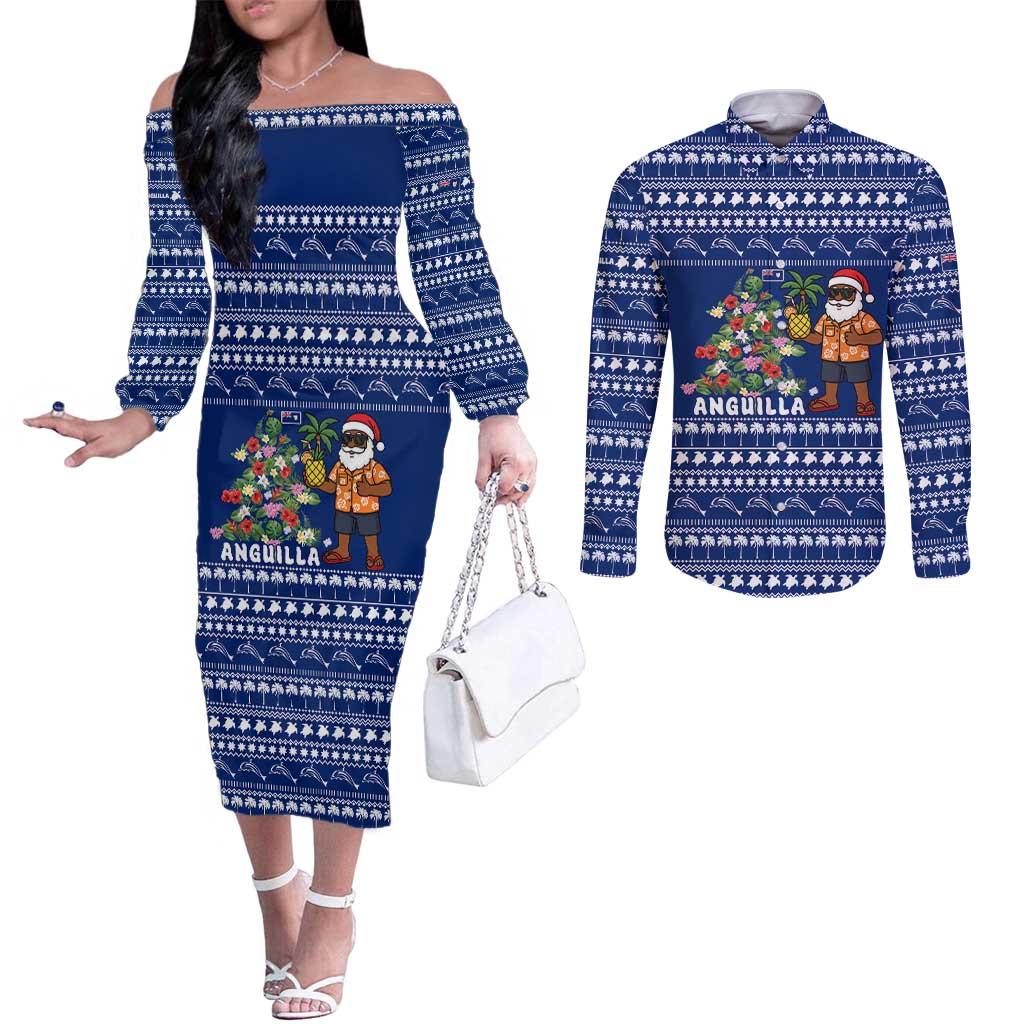 Anguilla Christmas Couples Matching Off The Shoulder Long Sleeve Dress and Long Sleeve Button Shirt with Santa Pineapple Floral Tree Island Crest and Tropical Pattern Design - Wonder Print Shop