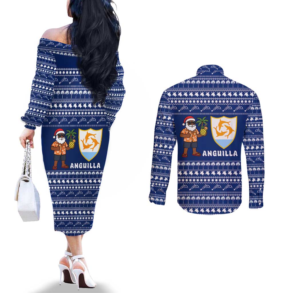 Anguilla Christmas Couples Matching Off The Shoulder Long Sleeve Dress and Long Sleeve Button Shirt with Santa Pineapple Floral Tree Island Crest and Tropical Pattern Design - Wonder Print Shop