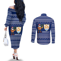 Anguilla Christmas Couples Matching Off The Shoulder Long Sleeve Dress and Long Sleeve Button Shirt with Santa Pineapple Floral Tree Island Crest and Tropical Pattern Design - Wonder Print Shop