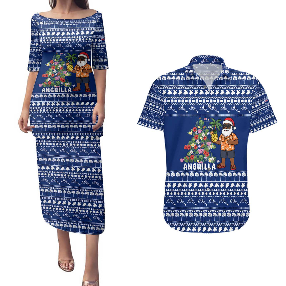 Anguilla Christmas Couples Matching Puletasi and Hawaiian Shirt with Santa Pineapple Floral Tree Island Crest and Tropical Pattern Design - Wonder Print Shop