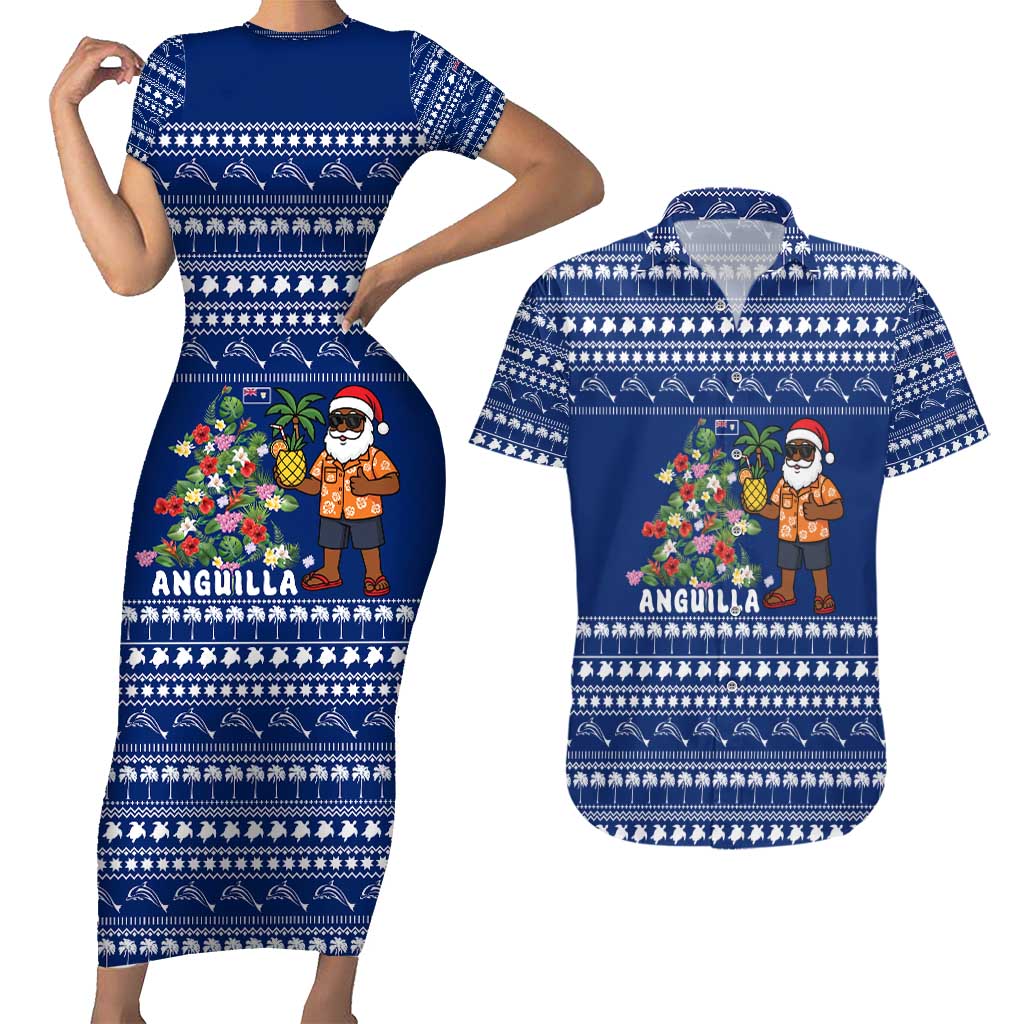 Anguilla Christmas Couples Matching Short Sleeve Bodycon Dress and Hawaiian Shirt with Santa Pineapple Floral Tree Island Crest and Tropical Pattern Design - Wonder Print Shop