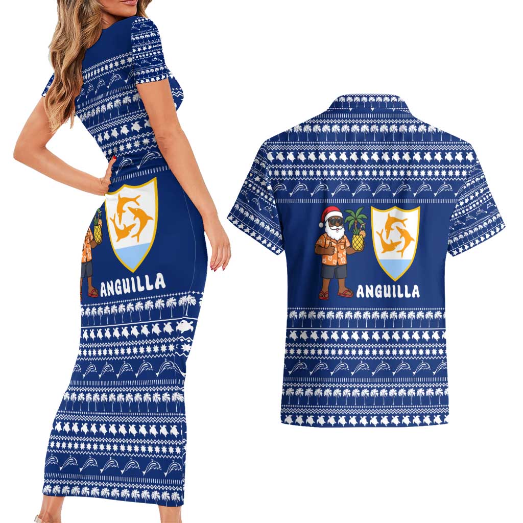 Anguilla Christmas Couples Matching Short Sleeve Bodycon Dress and Hawaiian Shirt with Santa Pineapple Floral Tree Island Crest and Tropical Pattern Design - Wonder Print Shop