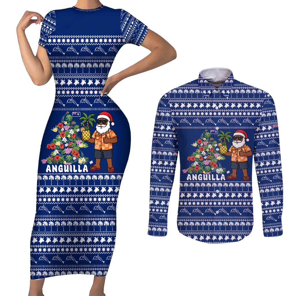 Anguilla Christmas Couples Matching Short Sleeve Bodycon Dress and Long Sleeve Button Shirt with Santa Pineapple Floral Tree Island Crest and Tropical Pattern Design - Wonder Print Shop