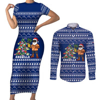 Anguilla Christmas Couples Matching Short Sleeve Bodycon Dress and Long Sleeve Button Shirt with Santa Pineapple Floral Tree Island Crest and Tropical Pattern Design - Wonder Print Shop