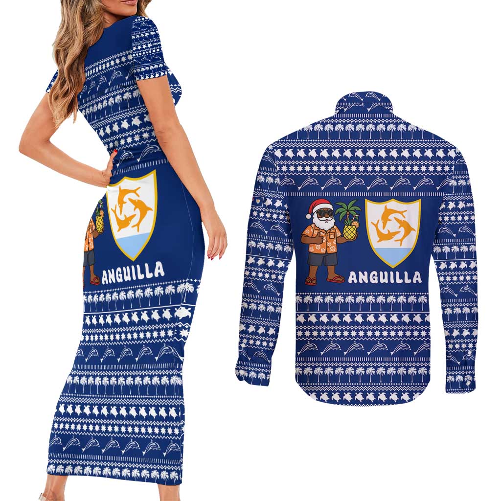 Anguilla Christmas Couples Matching Short Sleeve Bodycon Dress and Long Sleeve Button Shirt with Santa Pineapple Floral Tree Island Crest and Tropical Pattern Design - Wonder Print Shop