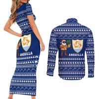 Anguilla Christmas Couples Matching Short Sleeve Bodycon Dress and Long Sleeve Button Shirt with Santa Pineapple Floral Tree Island Crest and Tropical Pattern Design - Wonder Print Shop