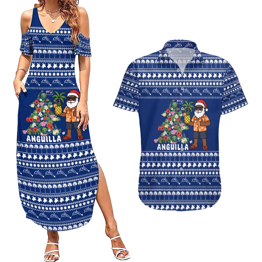 Anguilla Christmas Couples Matching Summer Maxi Dress and Hawaiian Shirt with Santa Pineapple Floral Tree Island Crest and Tropical Pattern Design - Wonder Print Shop