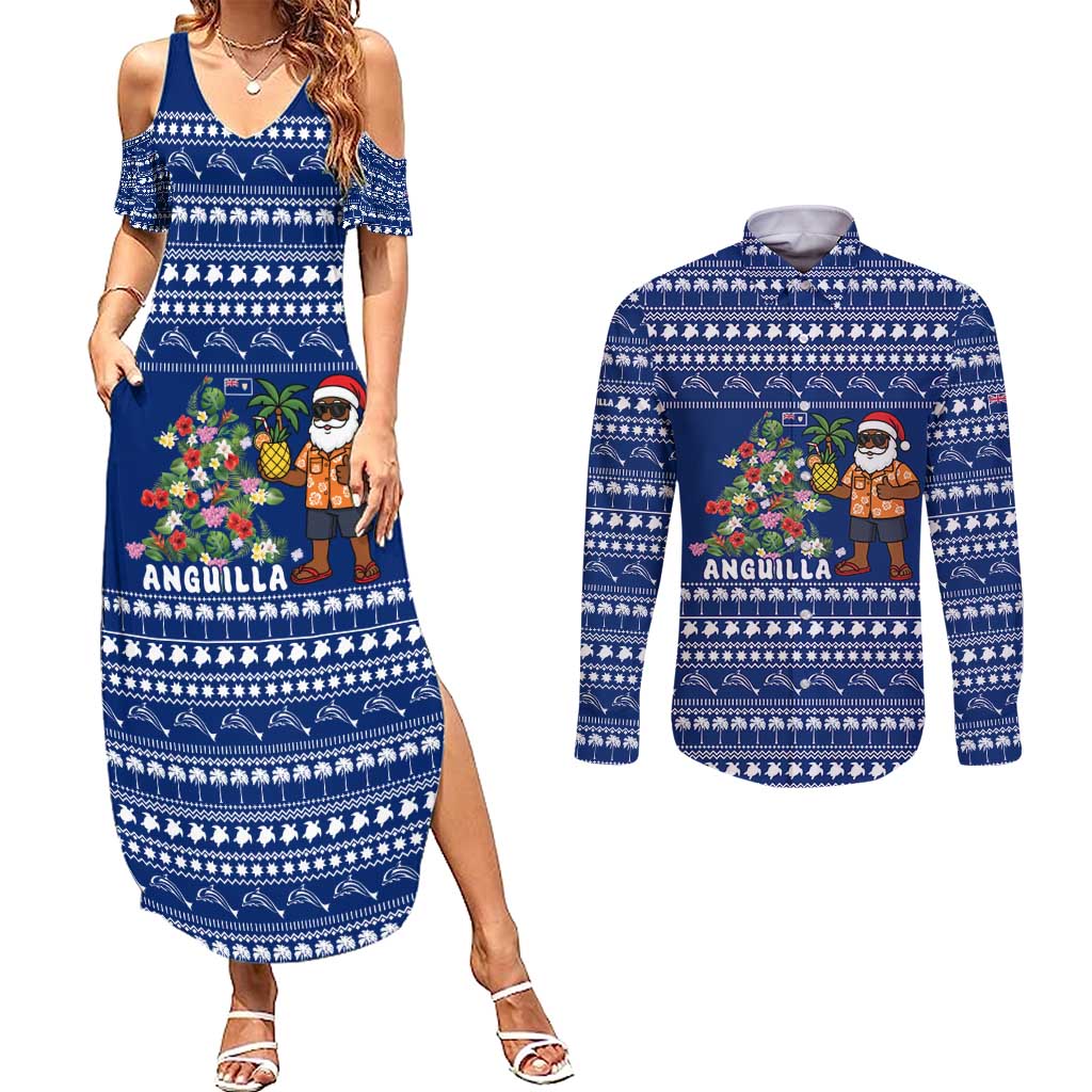 Anguilla Christmas Couples Matching Summer Maxi Dress and Long Sleeve Button Shirt with Santa Pineapple Floral Tree Island Crest and Tropical Pattern Design - Wonder Print Shop
