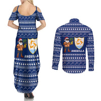 Anguilla Christmas Couples Matching Summer Maxi Dress and Long Sleeve Button Shirt with Santa Pineapple Floral Tree Island Crest and Tropical Pattern Design - Wonder Print Shop