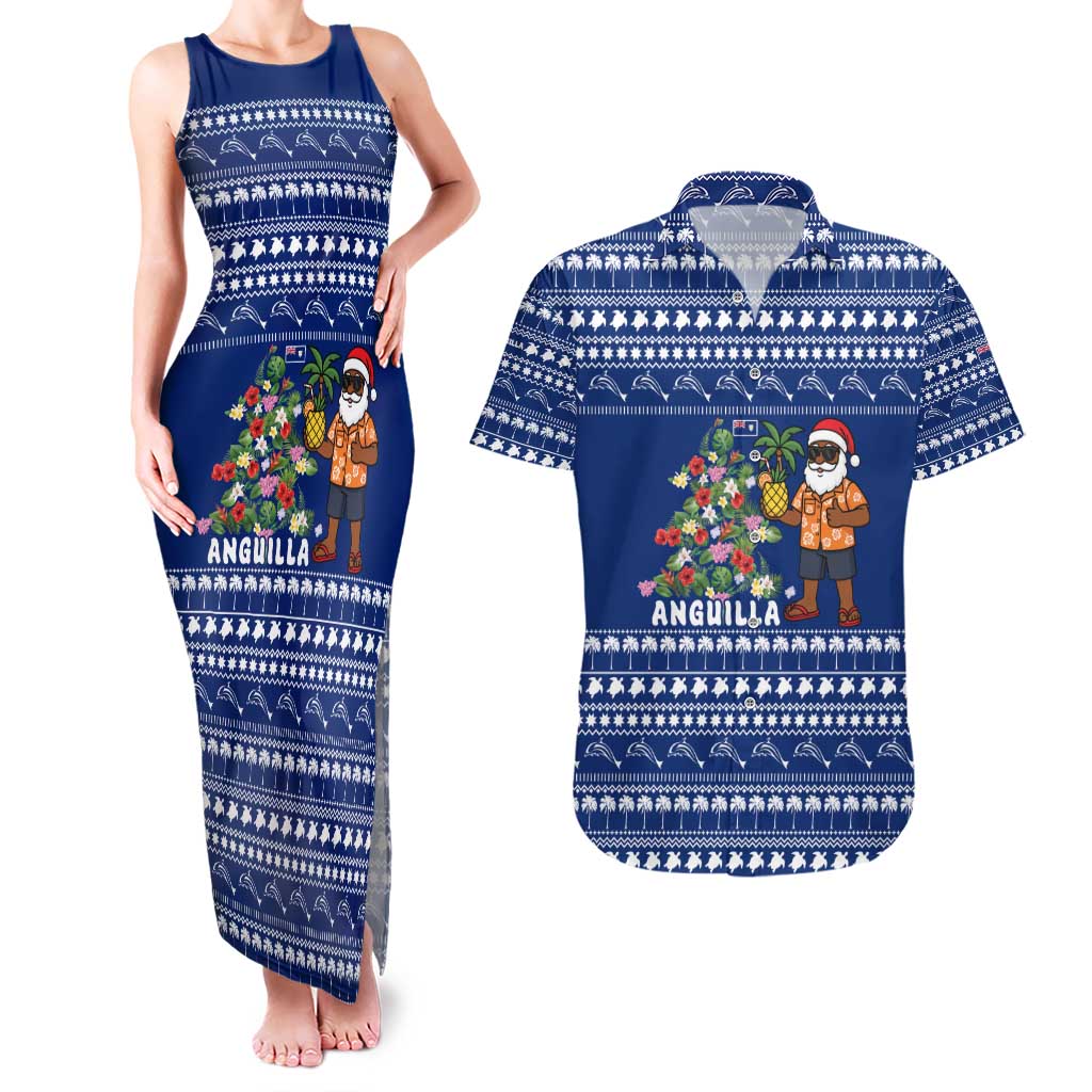 Anguilla Christmas Couples Matching Tank Maxi Dress and Hawaiian Shirt with Santa Pineapple Floral Tree Island Crest and Tropical Pattern Design - Wonder Print Shop
