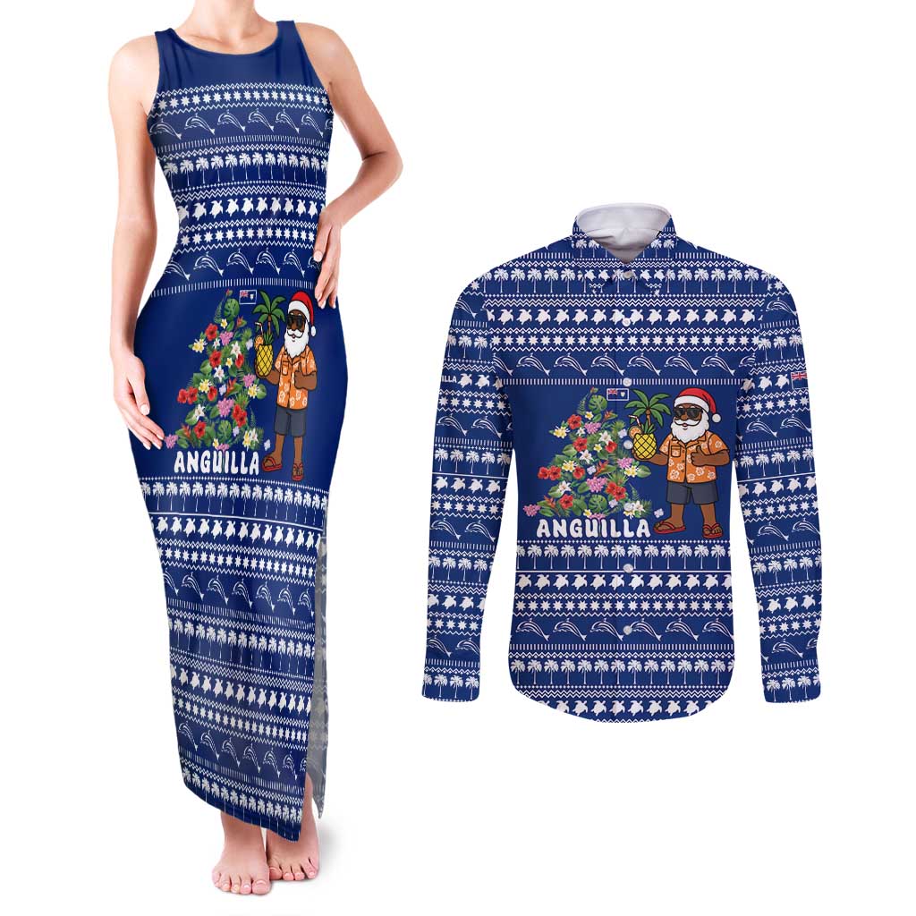 Anguilla Christmas Couples Matching Tank Maxi Dress and Long Sleeve Button Shirt with Santa Pineapple Floral Tree Island Crest and Tropical Pattern Design - Wonder Print Shop