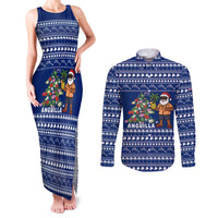 Anguilla Christmas Couples Matching Tank Maxi Dress and Long Sleeve Button Shirt with Santa Pineapple Floral Tree Island Crest and Tropical Pattern Design - Wonder Print Shop