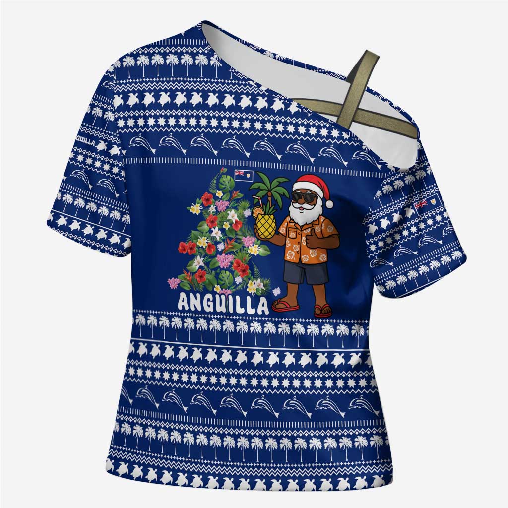 Anguilla Christmas Cross Shoulder Shirt with Santa Pineapple Floral Tree Island Crest and Tropical Pattern Design - Wonder Print Shop