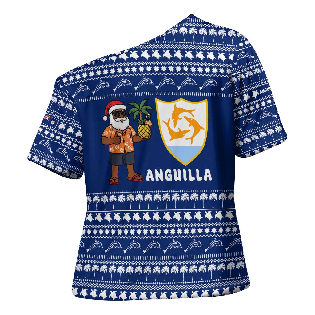 Anguilla Christmas Cross Shoulder Shirt with Santa Pineapple Floral Tree Island Crest and Tropical Pattern Design - Wonder Print Shop