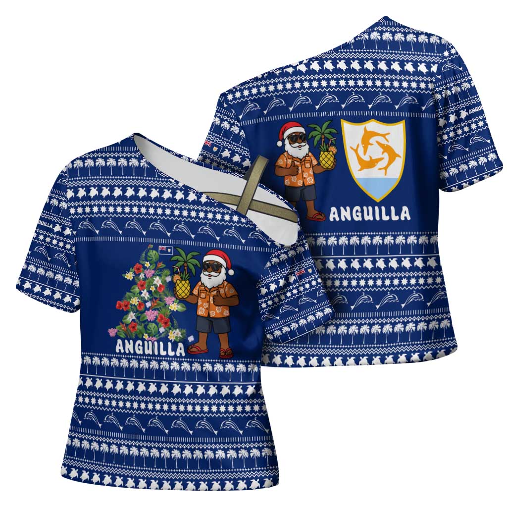 Anguilla Christmas Cross Shoulder Shirt with Santa Pineapple Floral Tree Island Crest and Tropical Pattern Design - Wonder Print Shop