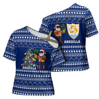 Anguilla Christmas Cross Shoulder Shirt with Santa Pineapple Floral Tree Island Crest and Tropical Pattern Design - Wonder Print Shop