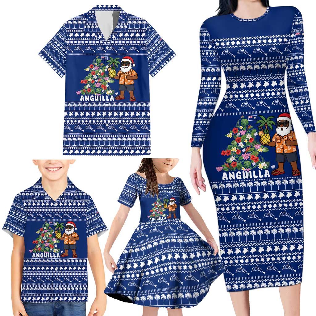 Anguilla Christmas Family Matching Long Sleeve Bodycon Dress and Hawaiian Shirt with Santa Pineapple Floral Tree Island Crest and Tropical Pattern Design - Wonder Print Shop