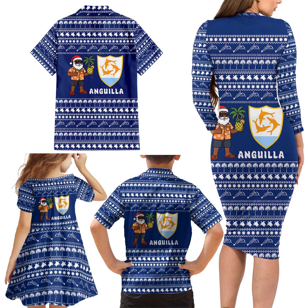 Anguilla Christmas Family Matching Long Sleeve Bodycon Dress and Hawaiian Shirt with Santa Pineapple Floral Tree Island Crest and Tropical Pattern Design - Wonder Print Shop