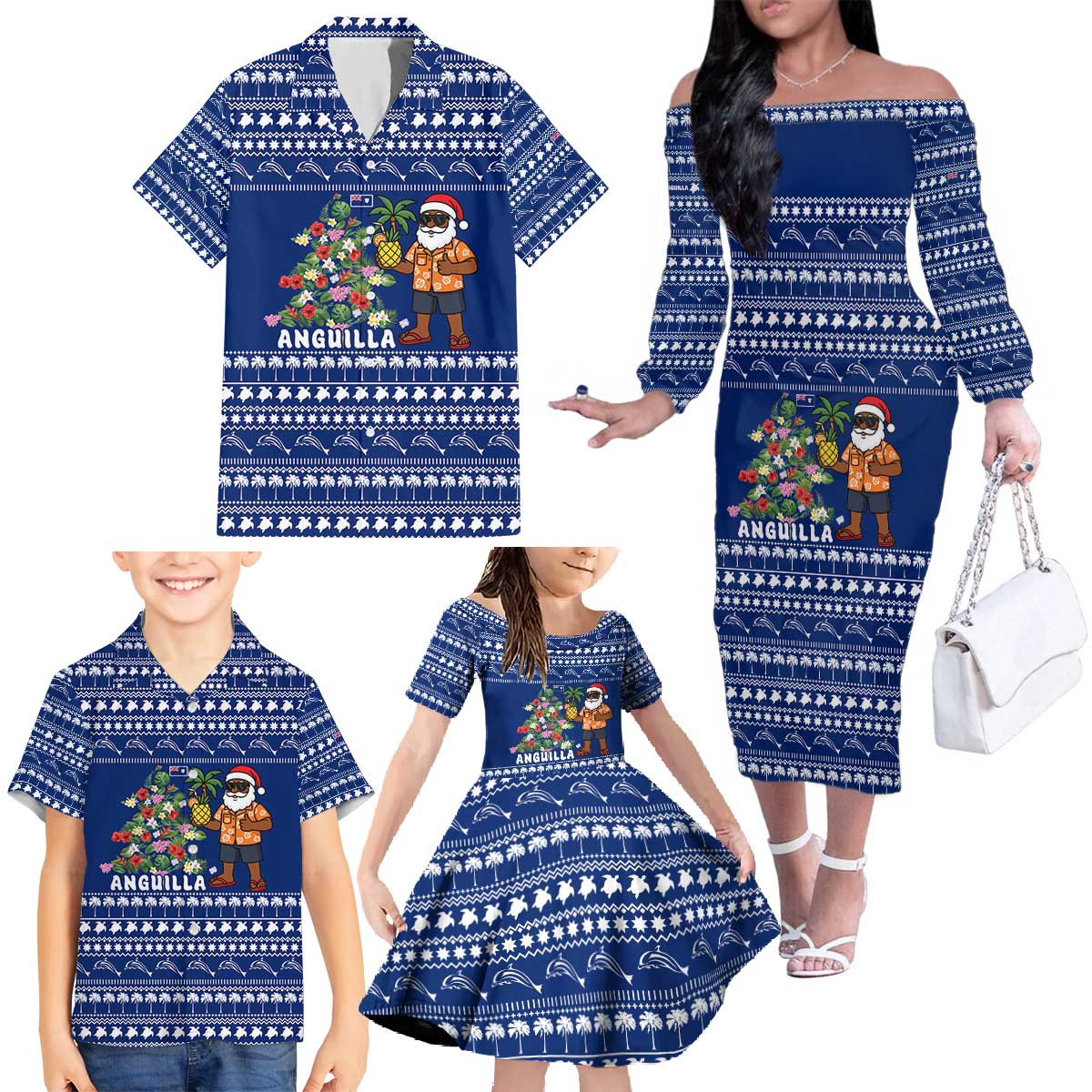 Anguilla Christmas Family Matching Off The Shoulder Long Sleeve Dress and Hawaiian Shirt with Santa Pineapple Floral Tree Island Crest and Tropical Pattern Design - Wonder Print Shop