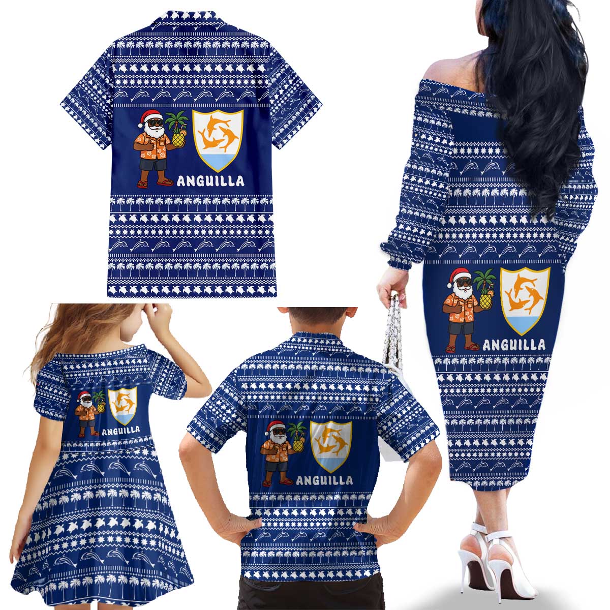 Anguilla Christmas Family Matching Off The Shoulder Long Sleeve Dress and Hawaiian Shirt with Santa Pineapple Floral Tree Island Crest and Tropical Pattern Design - Wonder Print Shop