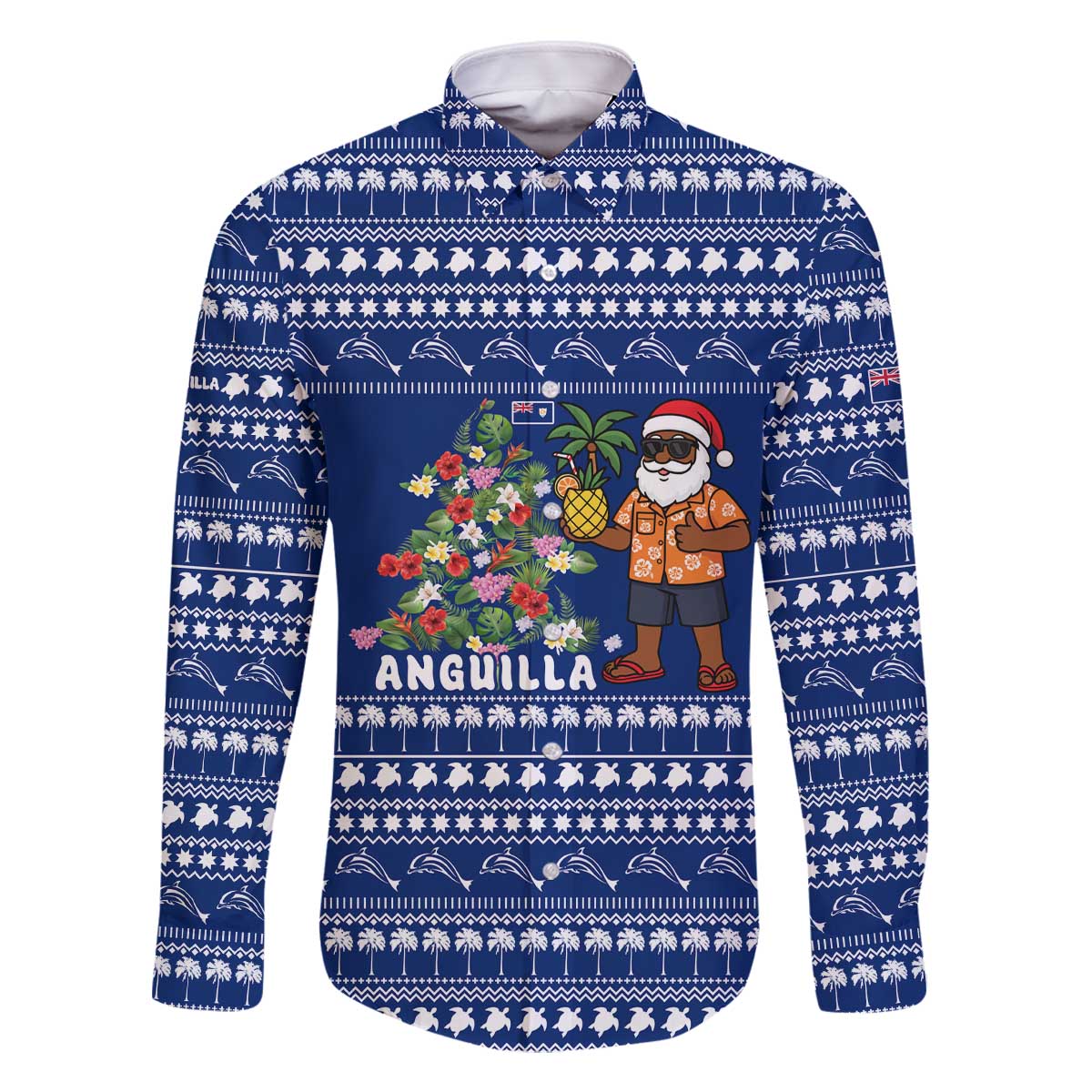 Anguilla Christmas Family Matching Off The Shoulder Long Sleeve Dress and Hawaiian Shirt with Santa Pineapple Floral Tree Island Crest and Tropical Pattern Design - Wonder Print Shop